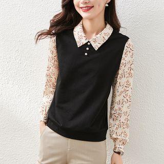Mock Two-piece Floral Print Panel Shirt