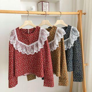 Floral Crewneck Lace-trim Long-sleeve Blouse