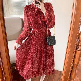 Long-sleeve Petal Print Midi A-line Dress