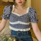 Plaid Puff-sleeve Lace Trim Cropped Blouse