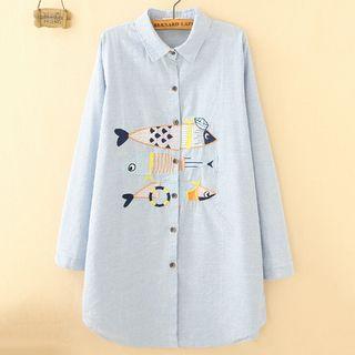 Fish Embroidered Striped Long Shirt