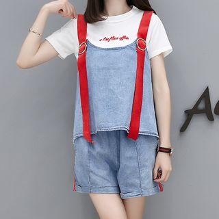 Set: Letter Embroidered Short Sleeve T-shirt + Denim Tank Top + Denim Shorts