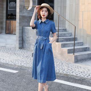 Short-sleeve Tie-waist Denim Dress