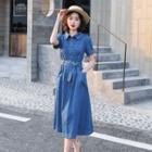 Short-sleeve Tie-waist Denim Dress