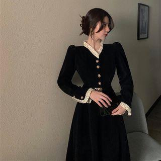 Long-sleeve Midi A-line Dress / Belt