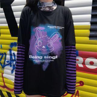 Mock Two-piece Long-sleeve Striped Graphic Print T-shirt