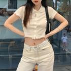 Short-sleeve Collar Button-up Crop Top White - One Size