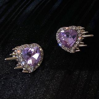 Rhinestone Heart Stud Earring 1 Pair - Silver Stud - Purple - One Size