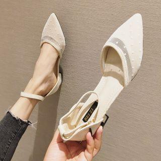 Dotted Mesh Ankle Strap Block Heel Dorsay Pumps