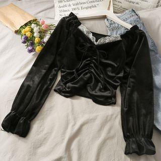 Off-shoulder Lace-trim Ruched Velvet Crop Top Black - One Size