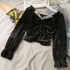 Off-shoulder Lace-trim Ruched Velvet Crop Top Black - One Size