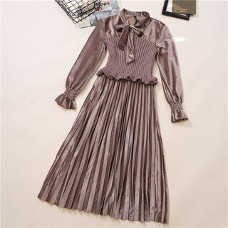 Knit Panel Long -sleeve Midi A-line Dress