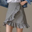 Band-waist Ruffle-trim Gingham Skirt