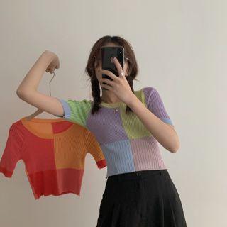 Color-block Crewneck Slim-fit Short-sleeve Knit Top