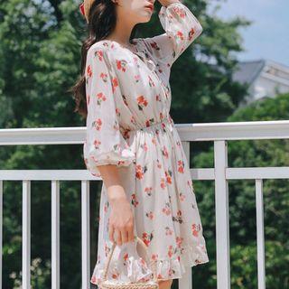 3/4-sleeve A-line Floral Chiffon Dress