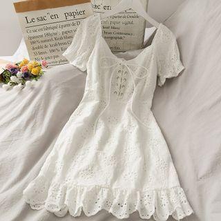 Eyelet Ruffled-hem Corset A-line Dress