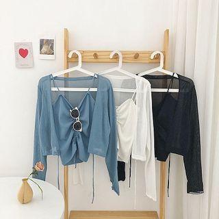 Set:plain Frilled V-neck Strap Top + Plain Long-sleeve Light Cardigan