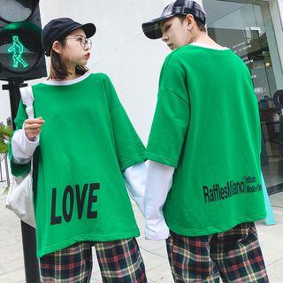 Couple Matching Mock Two-piece Lettering Long-sleeve T-shirt / Plaid Pants