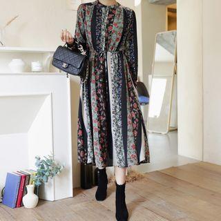 Mandarin-collar Drawstring-waist Pattern Dress