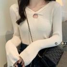 Long-sleeve Plain Ribbed Knotted Knit Top
