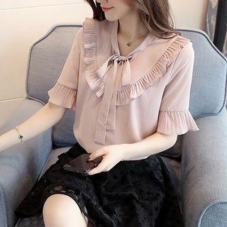 Frill Trim Short-sleeve Tie-neck Chiffon Blouse