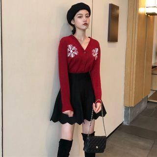 Long-sleeve Open Knit Top / A-line Skirt