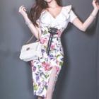 Short-sleeve Floral Panel Slit Midi Bodycon Dress