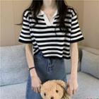 Short-sleeve Lapel Striped Knit T-shirt