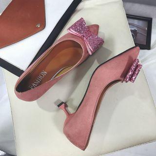 Kitten Heel Glitter Bow-accent Pumps