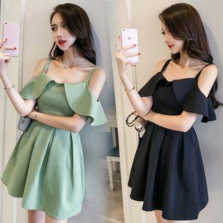 Gathered-waist Off-shoulder Frill Plain Sheath Dress