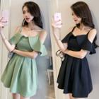 Gathered-waist Off-shoulder Frill Plain Sheath Dress