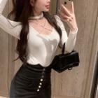 Long-sleeve Chained Cross Strap T-shirt