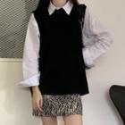 Long-sleeve Shirt / Vest / Leopard Print Mini A-line Skirt