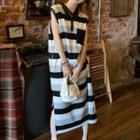 Sleeveless Striped Midi Smock Dress Stripe - Black & White & Gray - One Size
