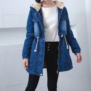 Fleece-lined Hooded Denim Zip Coat