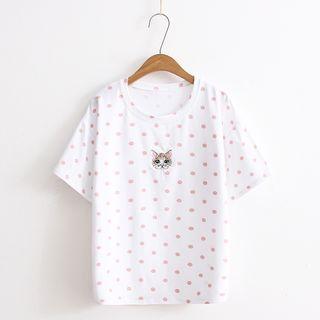 Cat Embroidered Polka Dot Short-sleeve T-shirt