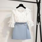 Set: Elbow-sleeve Frill-trim Blouse + A-line Mini Skirt