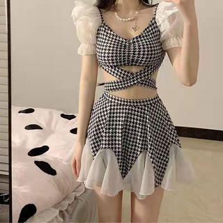 Set: Puff-sleeve Houndstooth Swim Top + Skirt
