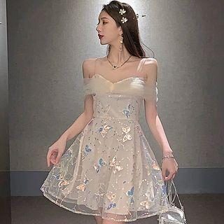 Butterfly Sequined Mesh Mini A-line Dress