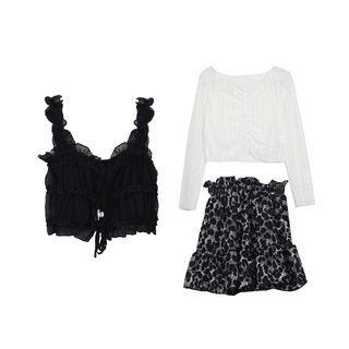 Set: Long-sleeve Lace Top + Camisole Top + Midi A-line Skirt