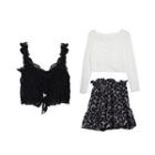 Set: Long-sleeve Lace Top + Camisole Top + Midi A-line Skirt