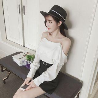 Long-sleeve Cold-shoulder Chiffon Blouse White - One Size