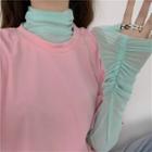 Long-sleeve Shirred Sheer Top / Short-sleeve Plain T-shirt