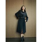 Letter Embroidered Trench Coat Navy Blue - One Size