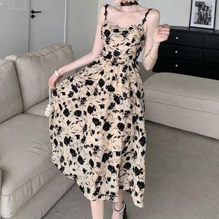 Set: Spaghetti Strap Floral A-line Midi Dress + Choker
