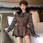 Leopard Print Tie-neck Blouse / Tie-waist Vest