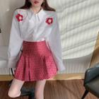 Flower-accent Loose Shirt / High-waist Printed Mini Skirt