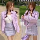 Ribbed Camisole Top / Plaid Mini A-line Skirt / Denim Jacket