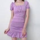 Ruched Puff-sleeve Ruffle Hem Mini Sheath Dress