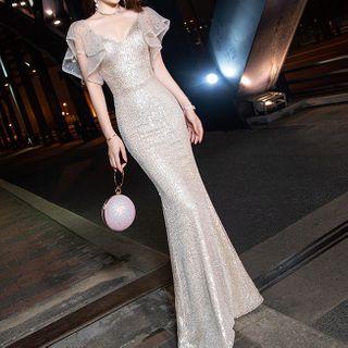 Glitter Ruffle Hem Sheath Evening Gown